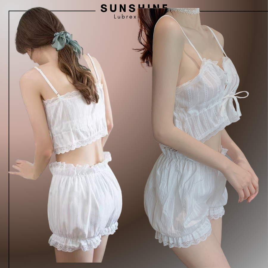 Bộ Đồ Ngủ- Mặc Nhà Quần Đùi Áo Croptop Hai Dây Ren Đũi Mỏng-SUNSHINE