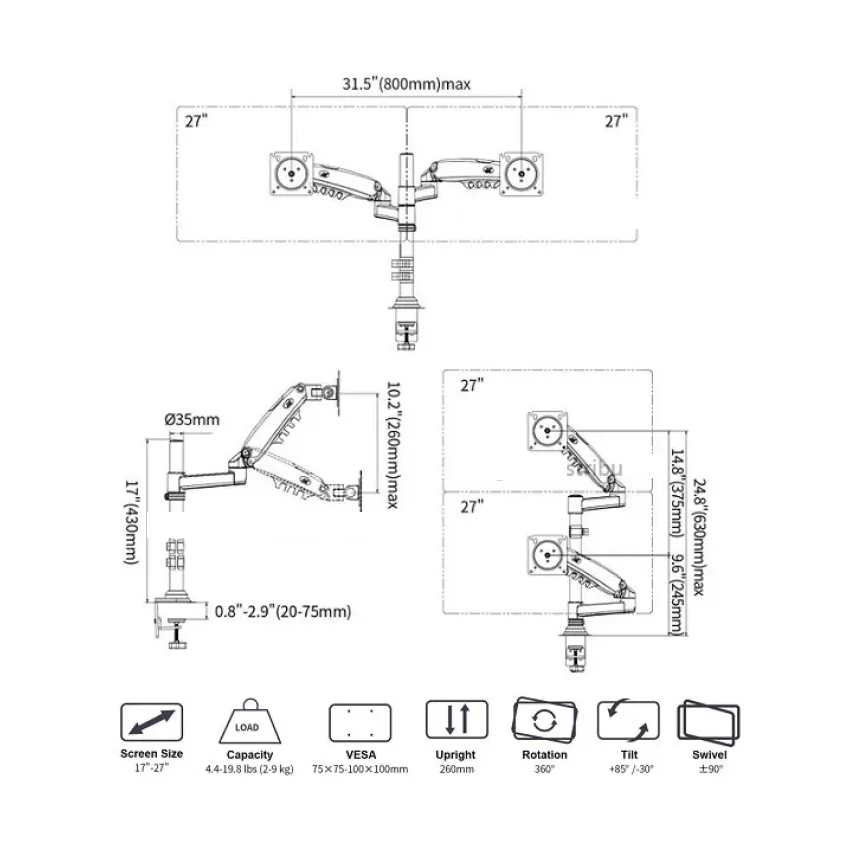 [Xếp Màn Trên / Dưới] Giá Treo Hai Màn Hình NB-H160 17 - 27 inch - Giá Treo 2 Màn Hình NEW 2022-2023