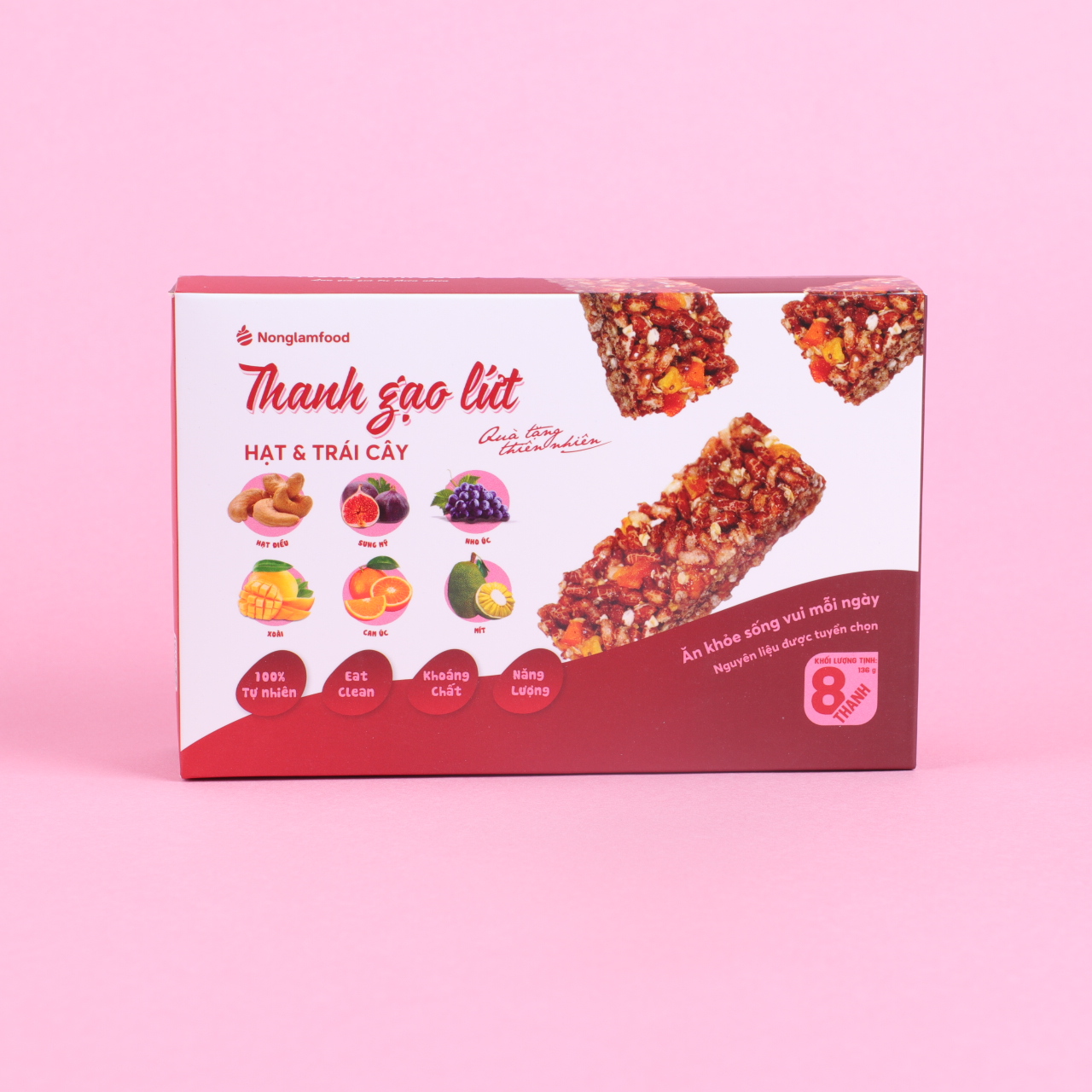 [THUẦN CHAY]Thanh gạo lứt hạt &amp; trái cây Nonglamfood hộp 8 thanh 136g | Chay mặn đều dùng được | Hỗ trợ ăn kiêng giảm cân | Bỏ sung dưỡng chất