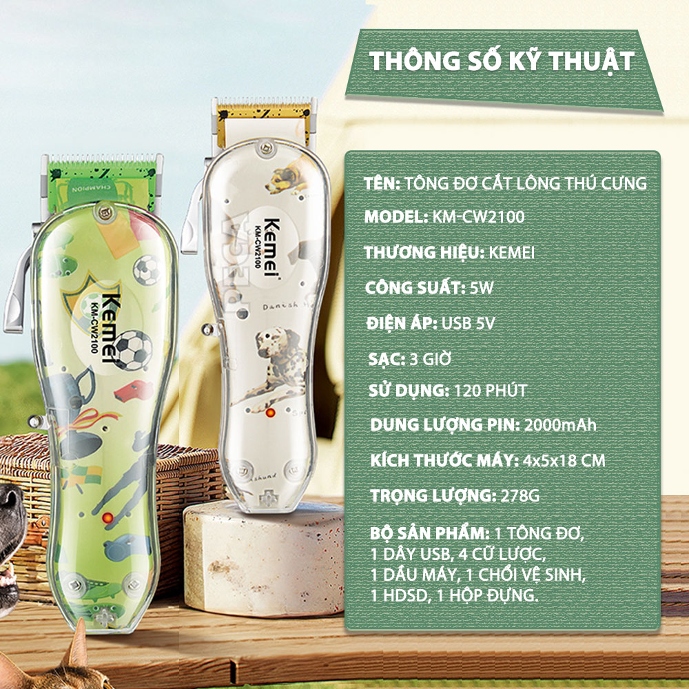 Tông đơ cắt lông thú cưng Kemei KM-CW2100 sử dụng không dây có thể cắt cho chó, mèo...công suất mạnh 5W - Hàng chính hãng