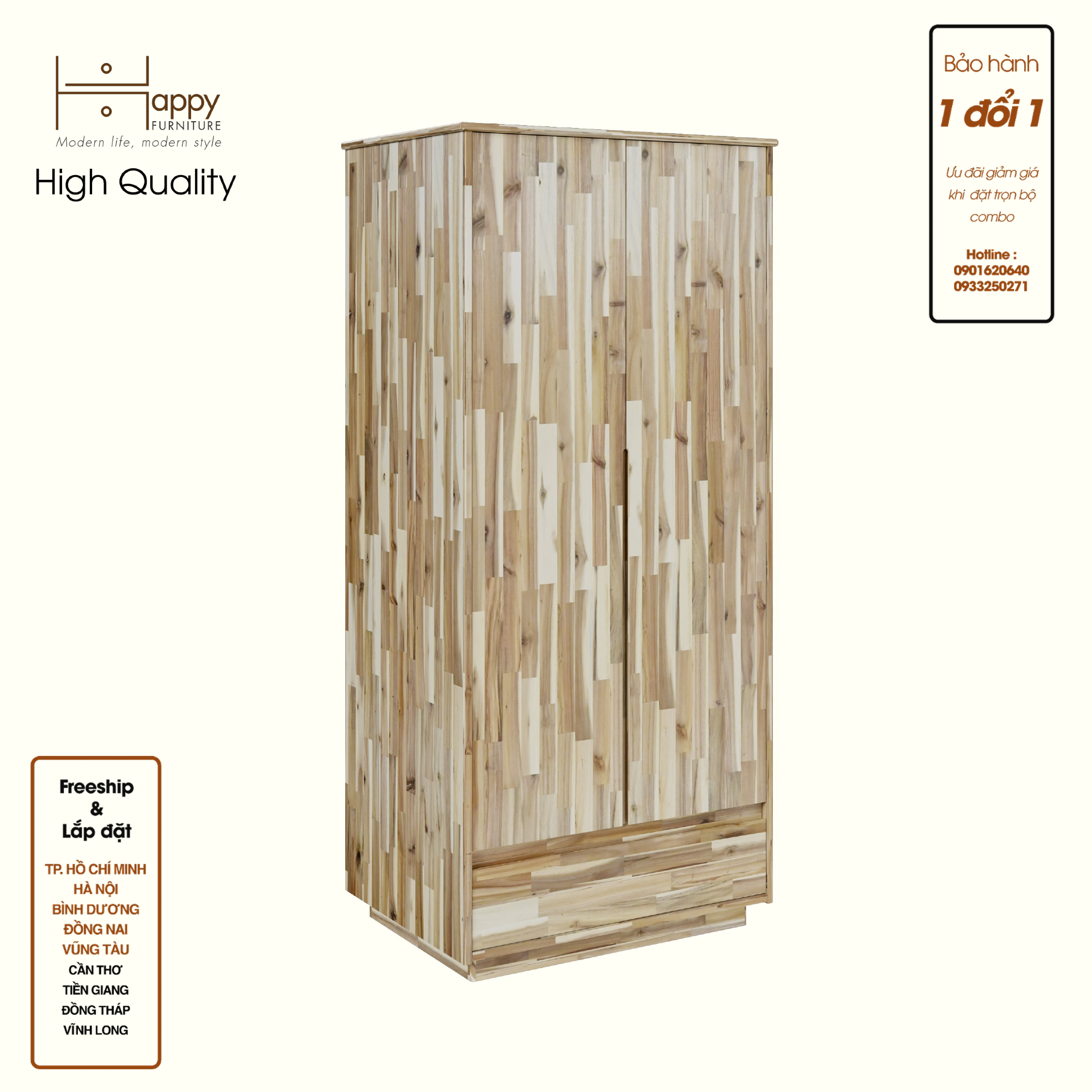 HAPPY FURNITURE , gỗ tự nhiên , Tủ quần áo 2 cửa mở 1 ngăn kéo - GALI , TCM_190 , 80cm x 59cm x 176cm
