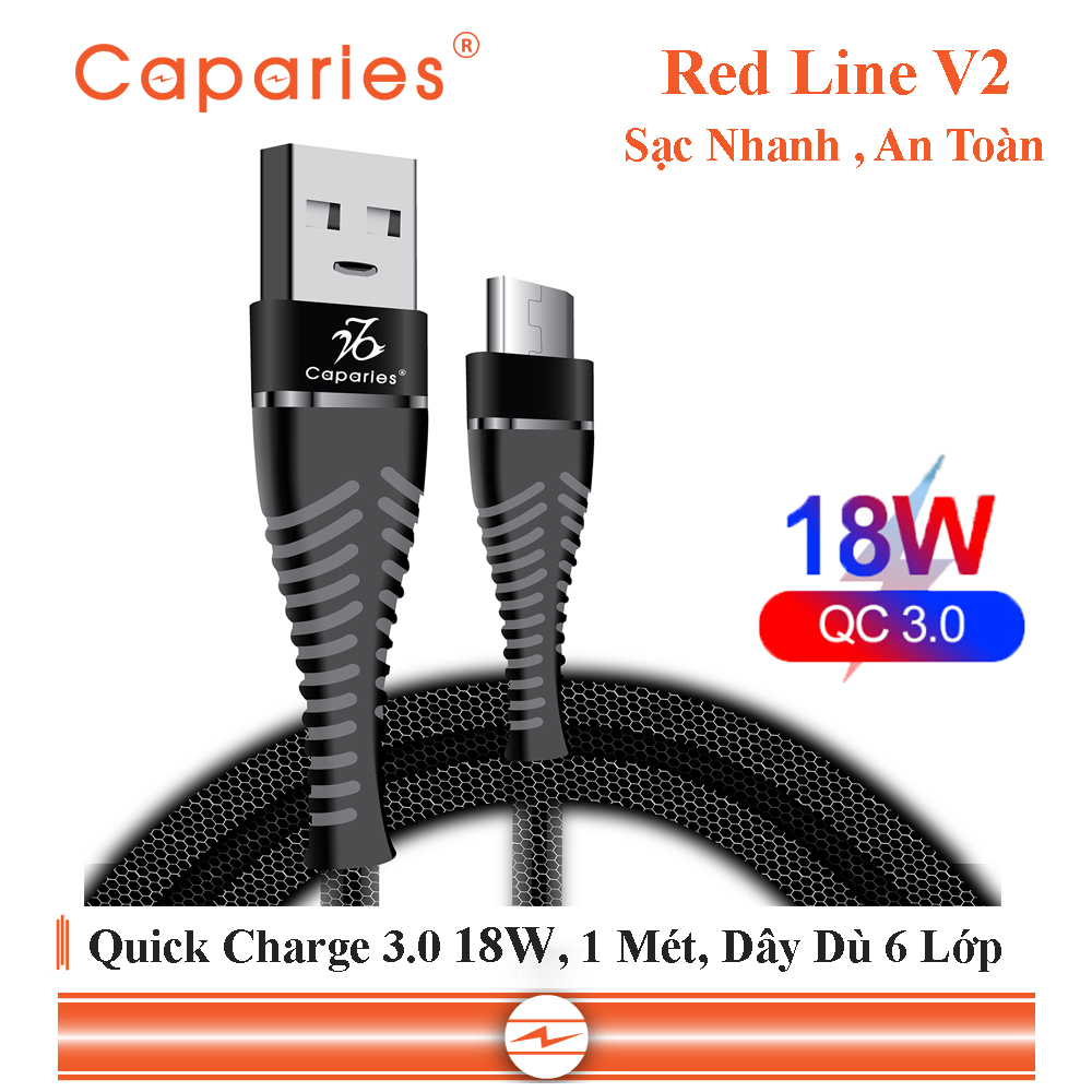 Cáp Sạc CAPARIES V2 Quick Charge 3.0 18W ,Siêu Bền 1 Mét - Dây dù 6 Lớp, Đúc Nguyên Khối, Sạc Nhanh 3.0 cáp sạc nhanh, siêu bền chống rối chống đứt, nâng cấp chip đôi, tương thích các dòng - CHÍNH HÃNG CAPARIES