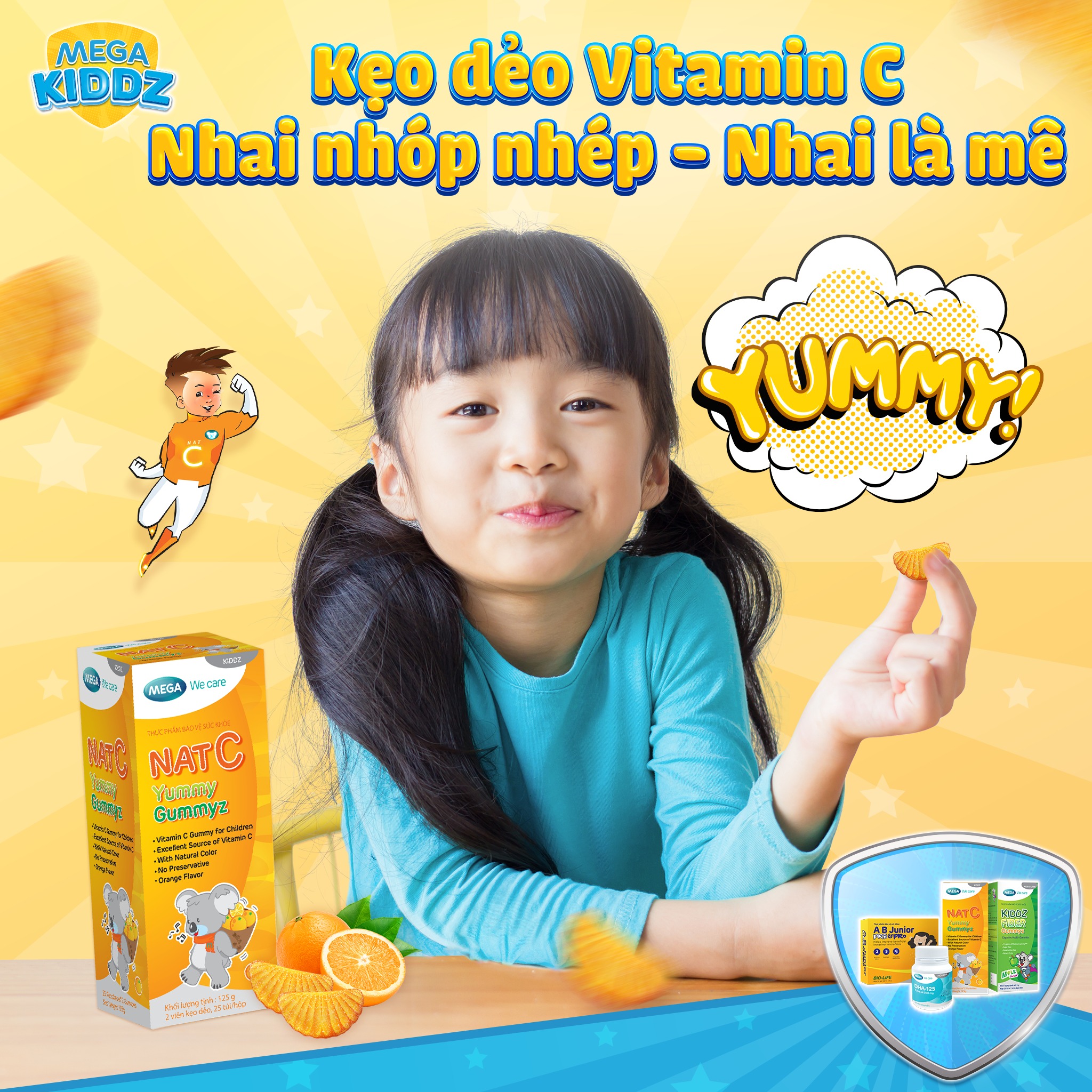 Kẹo dẻo Vitamin C vị cam, tăng đề kháng, giảm cảm cúm, sáng da NAT C YUMMY GUMMYZ (Hộp 25 gói x 2 viên) (Hộp 50 viên)