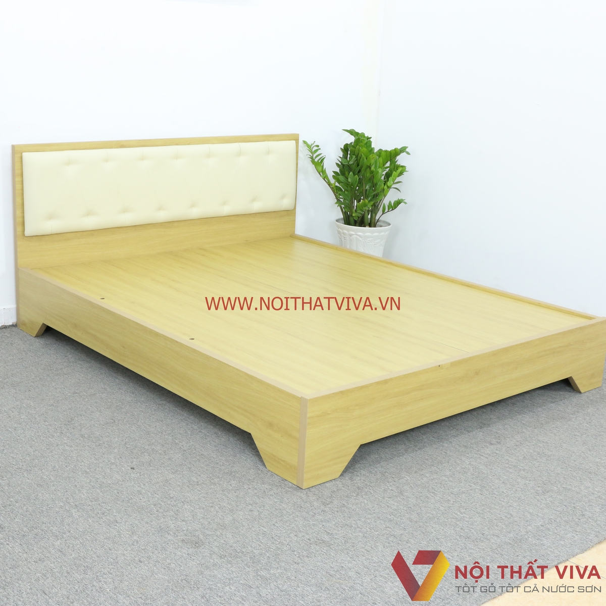 Giường Ngủ Gỗ Mdf Phủ Melamine Bọc Nệm Chân Cao Màu Kem