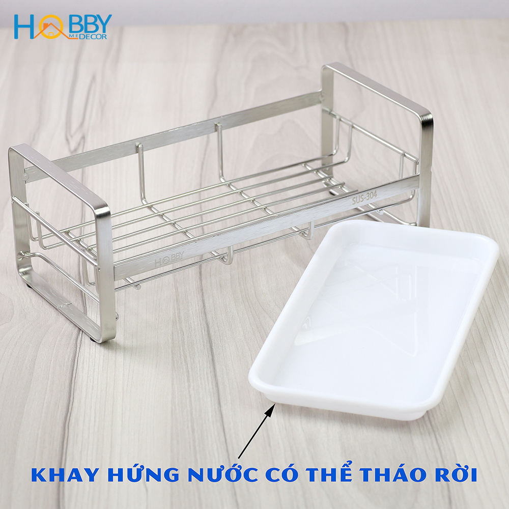 Kệ đựng dụng cụ rửa chén dán tường mẫu lớn Hobby Home Decor KRC6 loại Inox 304 không rỉ sét có khay hứng nước và keo dán tường