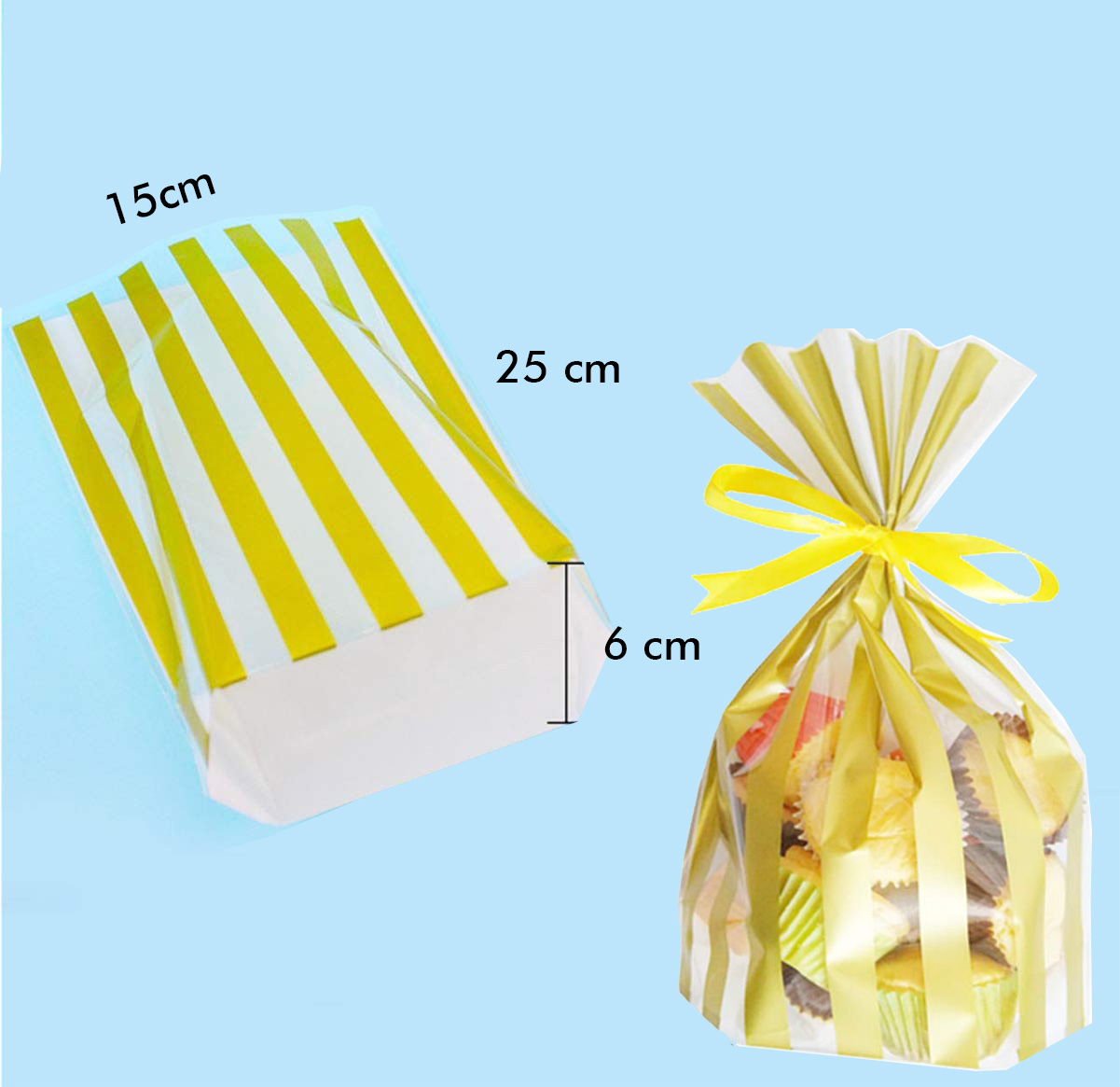 10 túi đựng quà, bánh kẹo màu vàng nhũ 15 x 25 cm