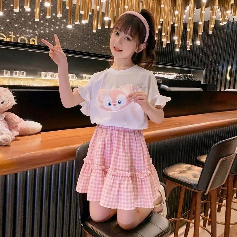 DONGSHOP Cô gái ăn mặc mùa hè phong cách phương Tây 2022 trẻ em Hàn Quốc mùa hè lưới đỏ kẻ sọc ngắn tay áo hai mảnh váy