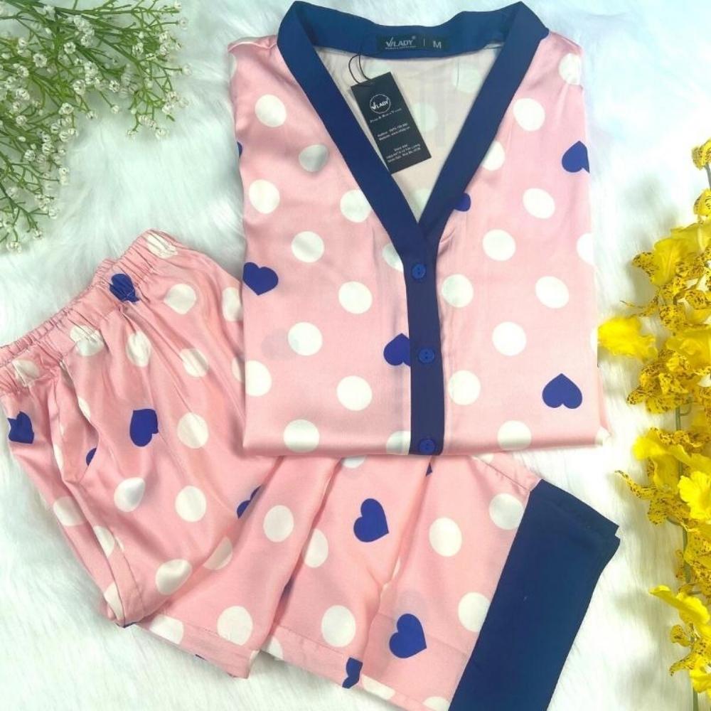 Đồ bộ pyjama nữ, đồ mặc nhà cao cấp VILADY - B103 kiểu cổ V tay dài quần dài họa tiết chấm Bi màu hồng, chất liệu lụa Pháp siêu mát