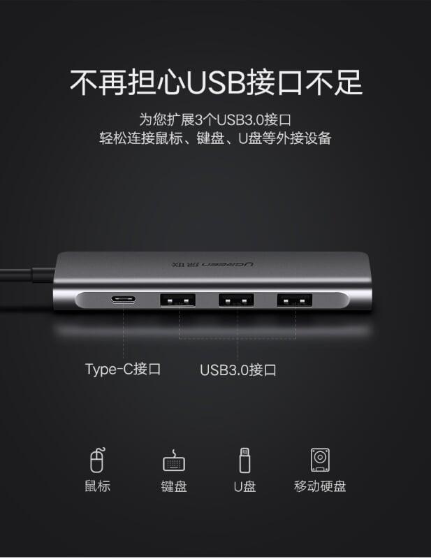 Ugreen UG50598CM195TK 15CM màu Xám Bộ chuyển đổi TYPE C sang 2 USB 3.0 + TF SD + nguồn TYPE C - HÀNG CHÍNH HÃNG