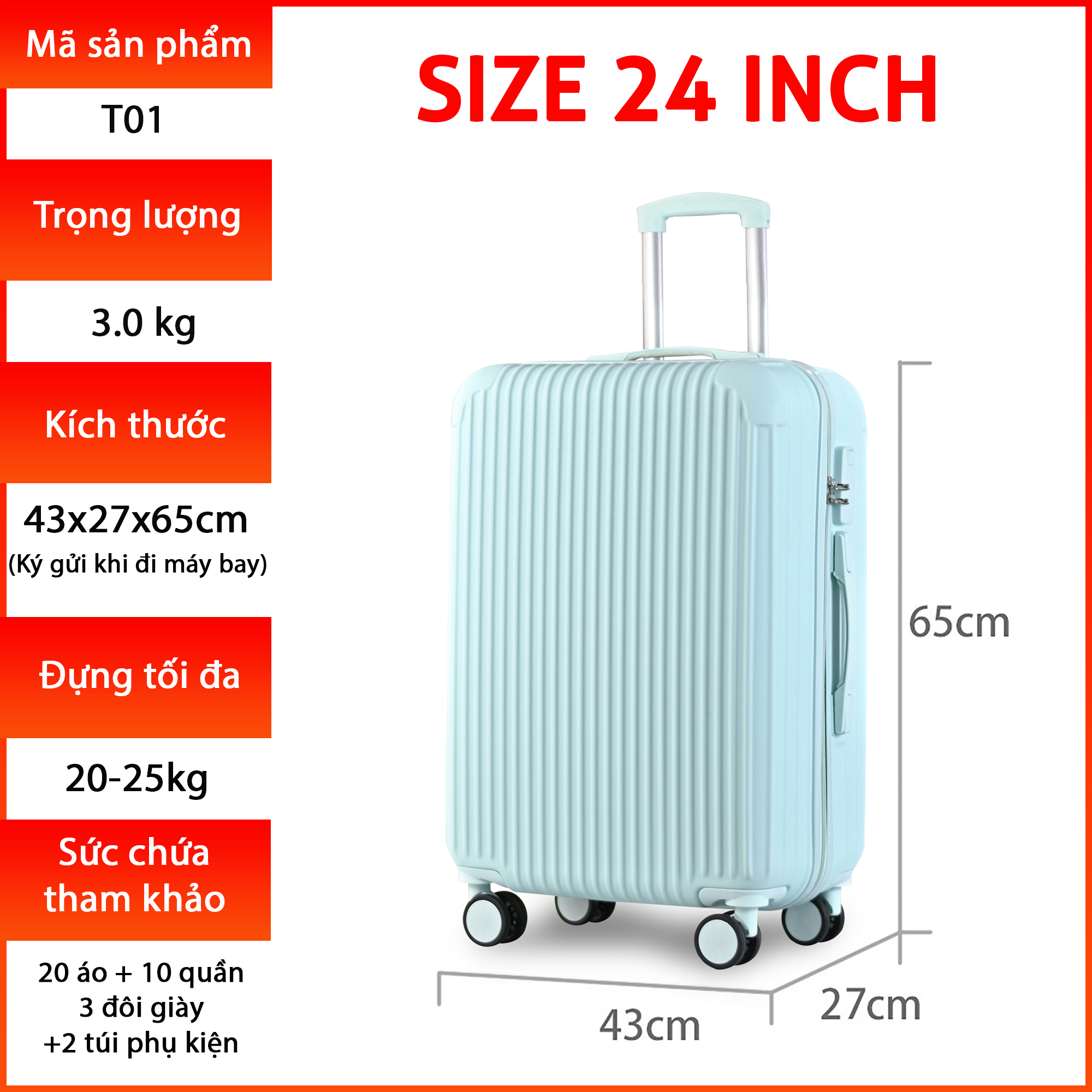 Vali Du Lịch Cao Cấp Size 24inch - Bảo Hành 5 Năm  KS-T01 - Trắng Sữa