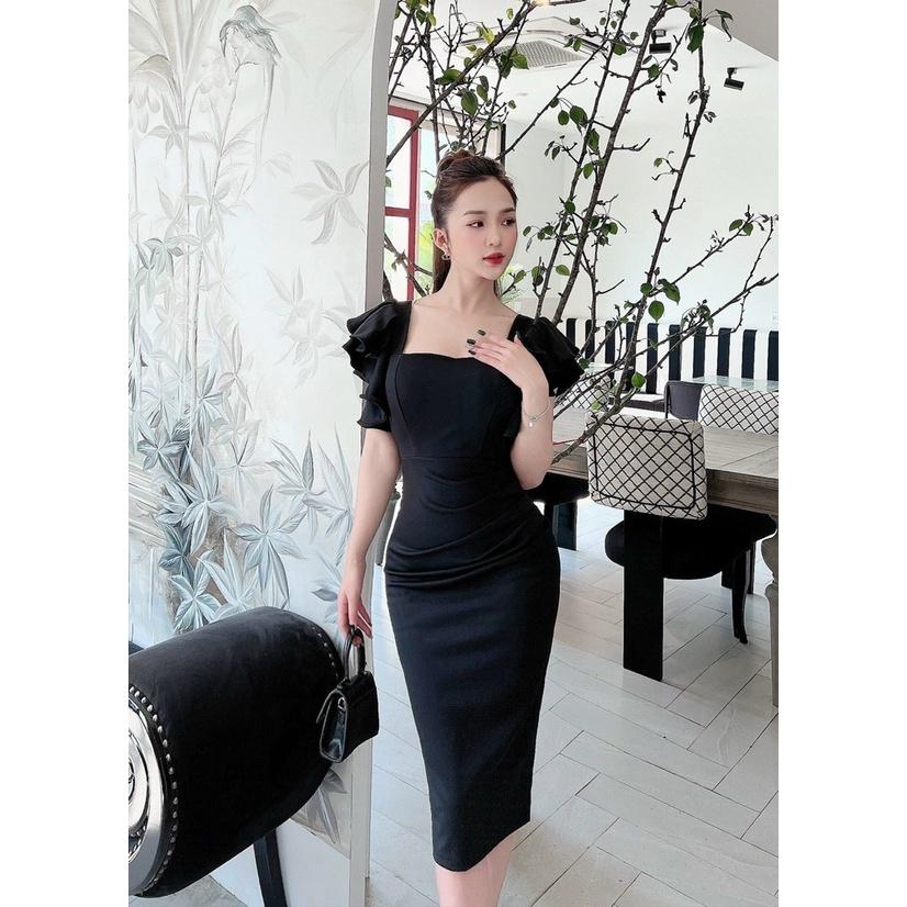Đầm body dự tiệc cổ vuông tay bèo 2 lớp sang chảnh