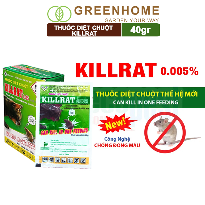 Thuốc diệt chuột Killrat, bao 40gr, thế hệ mới, hiệu quả, diệt cả đàn |Greenhome