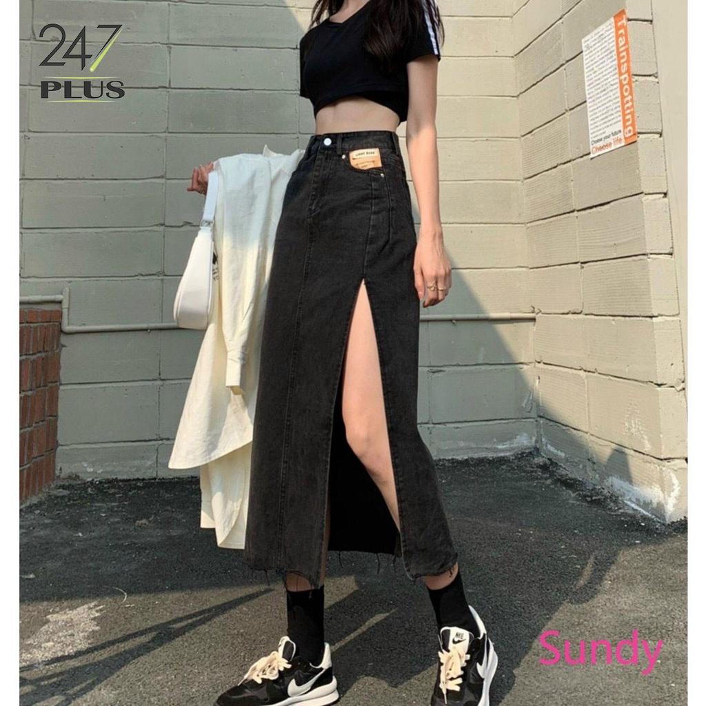 Chân váy bò dài xẻ chân cạp cao tôn dáng