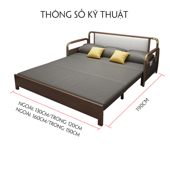 GIƯỜNG SOFA THÔNG MINH, SOFA ĐA NĂNG GẤP GỌN TAY GỖ VIỀN KIM LOẠI CAO CẤP KT 1m60 x 1m95