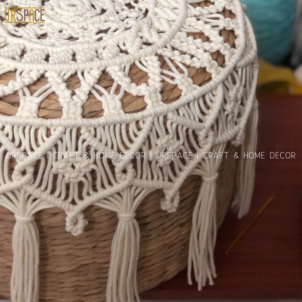 Ghế đôn lục bình phù thảm Macrame URSPACE trang trí decor phong cách Bắc Âu/ HYACINTH OTTOMAN STOOL WITH MACRAME CARPET