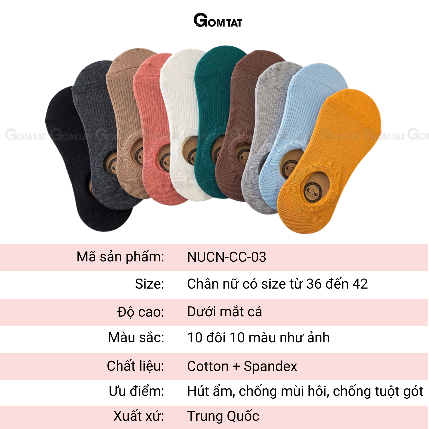 Set 10 đôi tất vớ nữ cổ ngắn GOMTAT cao cấp có đệm cao su chống tuột gót, chất liệu cotton thoáng mát - NUCN-CC-03