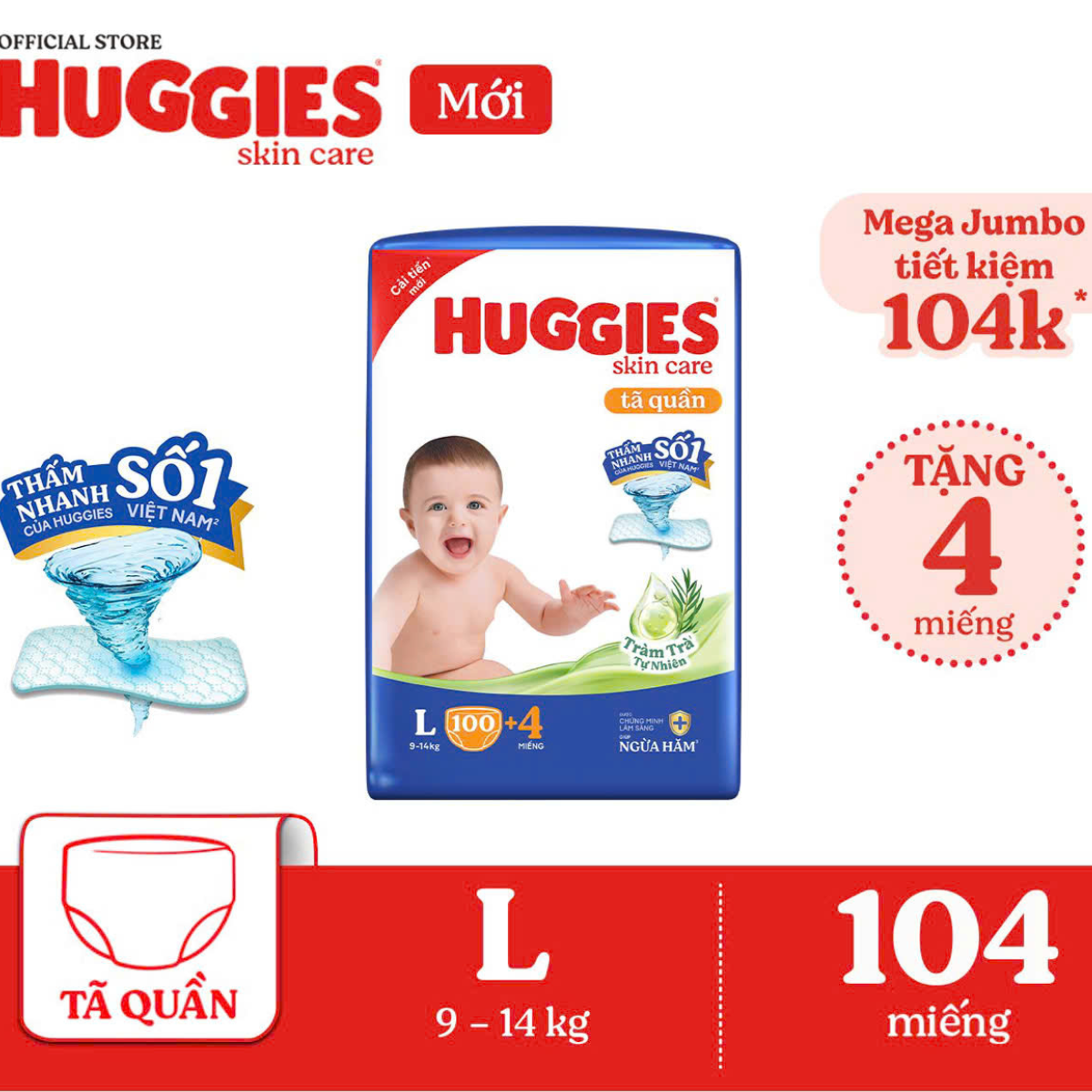 Tã/bỉm quần HUGGIES SKINCARE MEGA JUMBO size L 96+8 miếng