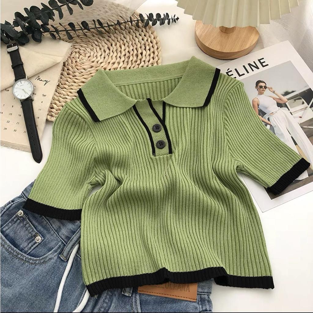 Áo polo croptop kiểu len gân nữ tay ngắn dáng ôm body cổ bẻ dệt kim thời trang phong cách Hàn Quốc trẻ trung