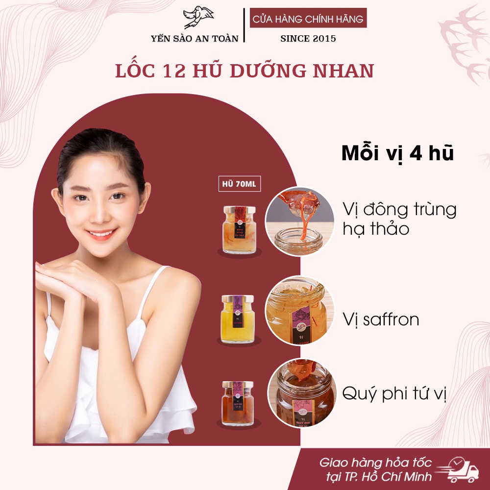 Yến chưng sẵn combo 12 hũ mix 3 vị dưỡng nhan giúp phụ nữ đẹp da ĐẬM ĐẶC YẾN TƯƠI từ Yến Sào An Toàn