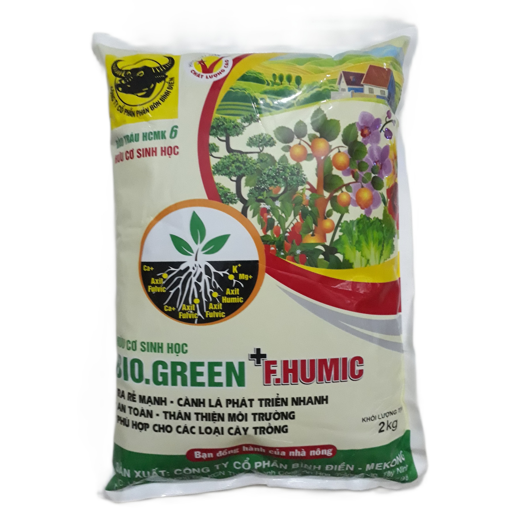 Phân bón đầu trâu hữu cơ sinh học BIO.GREEN + F.HUMIC giúp HẠ CHUA MẶN - RA RỄ NHANH gói 2KG