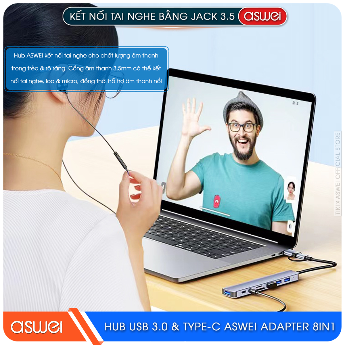 Hub Type C Và Hub USB ASWEI 8 in 1 To USB 3.0, SD, TF, USB C, Audio 3.5 - Hàng Chính Hãng