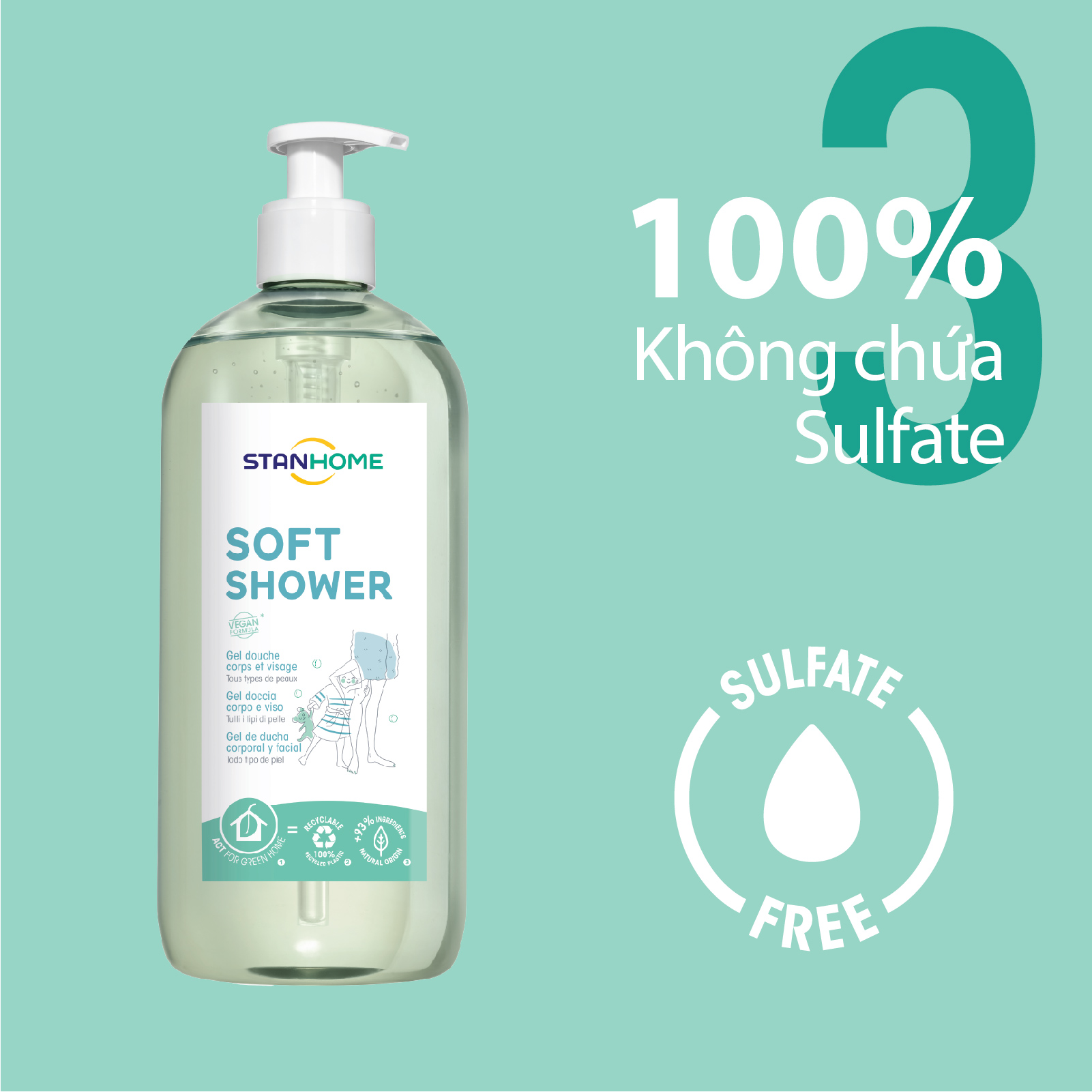 Sữa tắm, rửa mặt không xà phòng cho mọi loại da và da nhạy cảm Stanhome Family Expert Soft Shower 740ml/chai