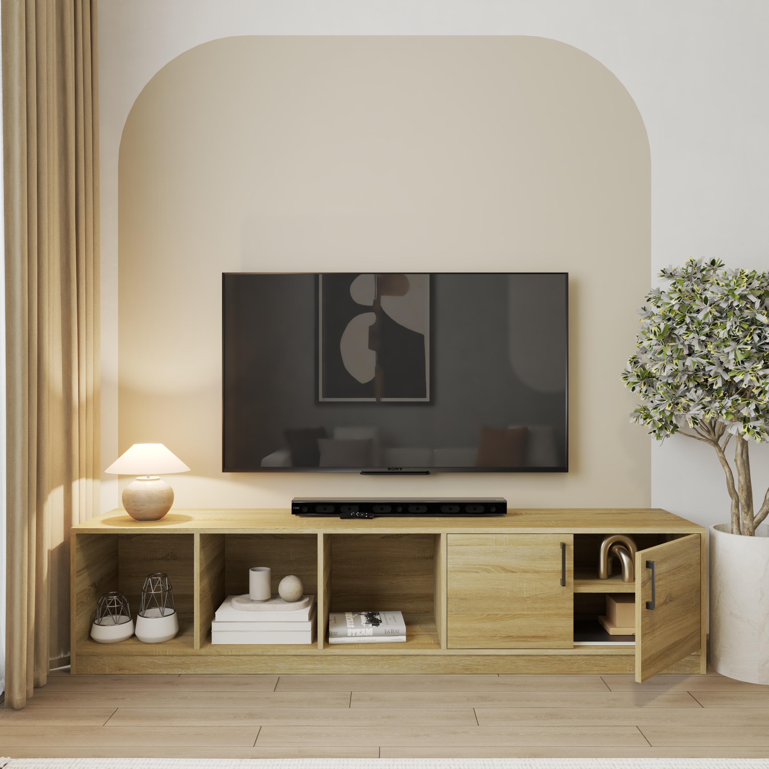 HAPPY FURNITURE , HEINEE - Kệ TV 2 cửa mở, KTV_069 , 200cm x 40cm x 46cm DxRxC, sản phẩm phổ thông