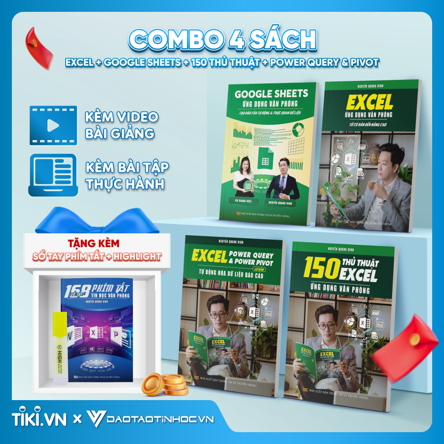 Combo 4 Sách Excel - Google Sheet - 150 TT - Power Query ĐÀO TẠO TIN HỌC Ứng Dụng Văn Phòng Kèm Video Khóa Học