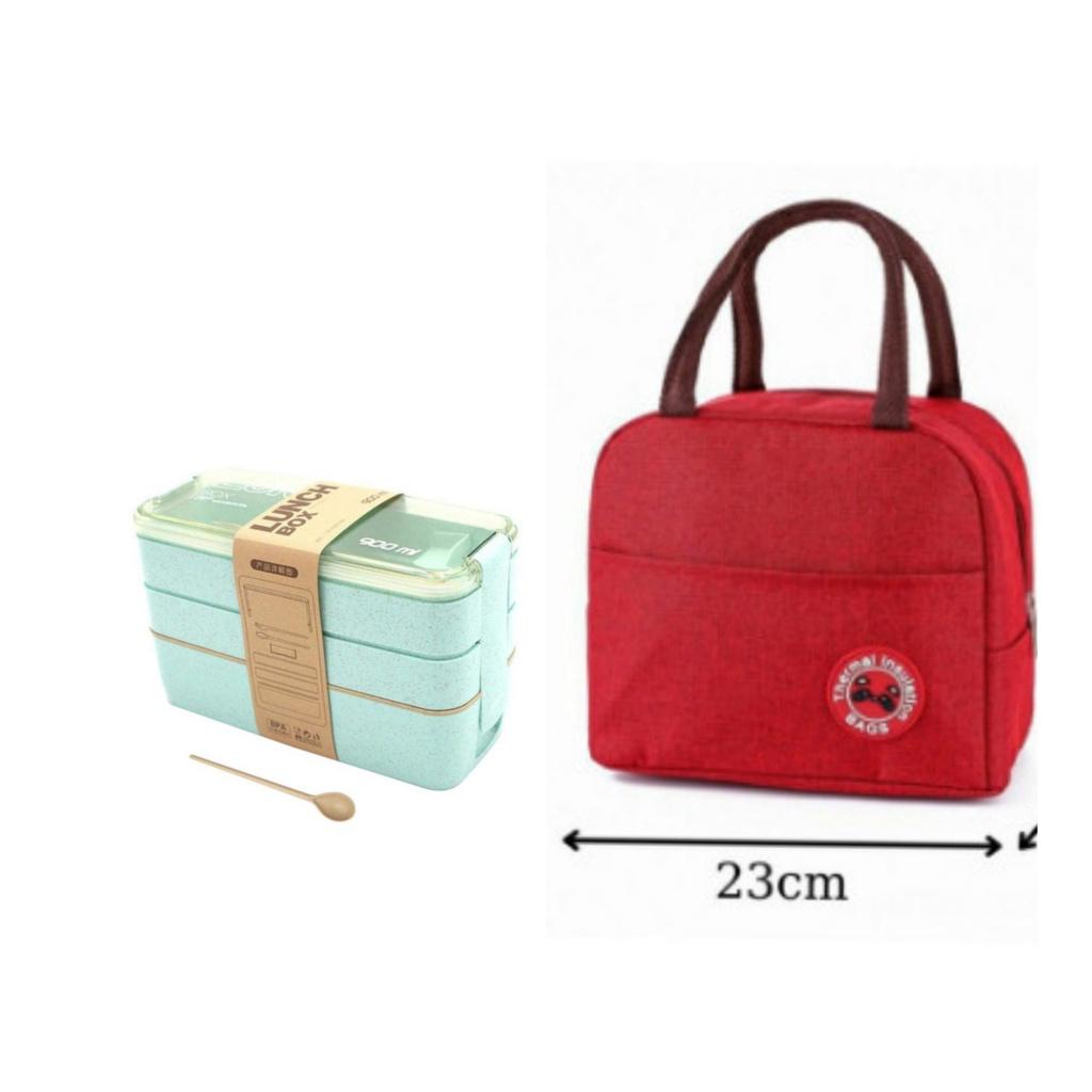 Combo hộp cơm lúa mạch 3 tầng 900ml+túi giữ nhiệt trơn logo gấu- Hộp cơm size ngang 17.5cm x cao 11cm x rộng 7.5cm