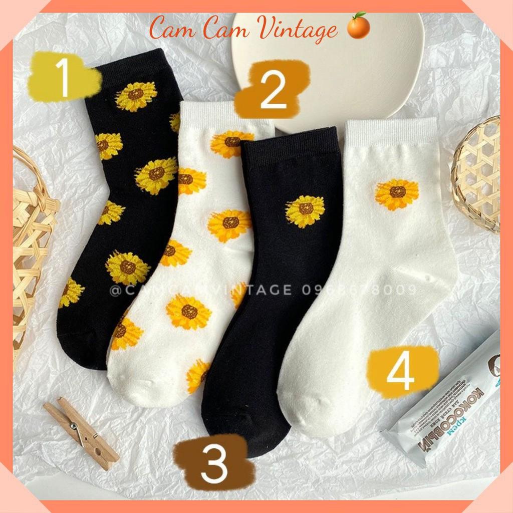 TẤT CAO CỔ NAM VỚ CAO CỔ NỮ TẤT VỚ VINTAGE UNISEX TẤT ĐEN TRẮNG DÁIY TẤT HOA CÚC