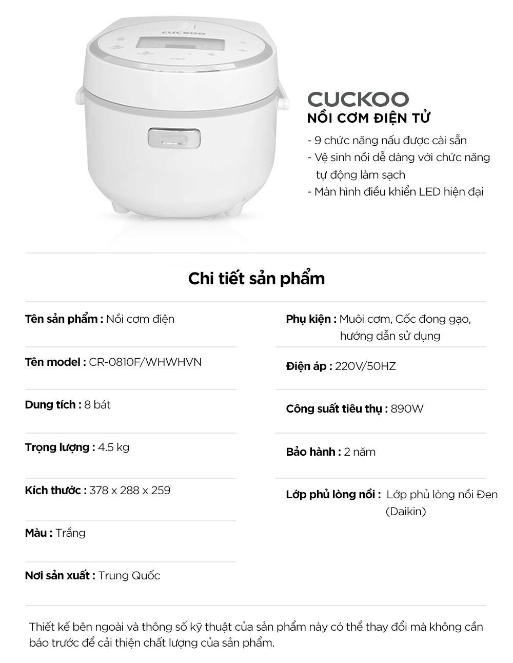 Nồi cơm điện tử Cuckoo 1.44L CR-0810F - Bảng điều khiển LED - Lòng nồi chống dính - Chất lượng Hàn Quốc - Hàng chính hãng Cuckoovina