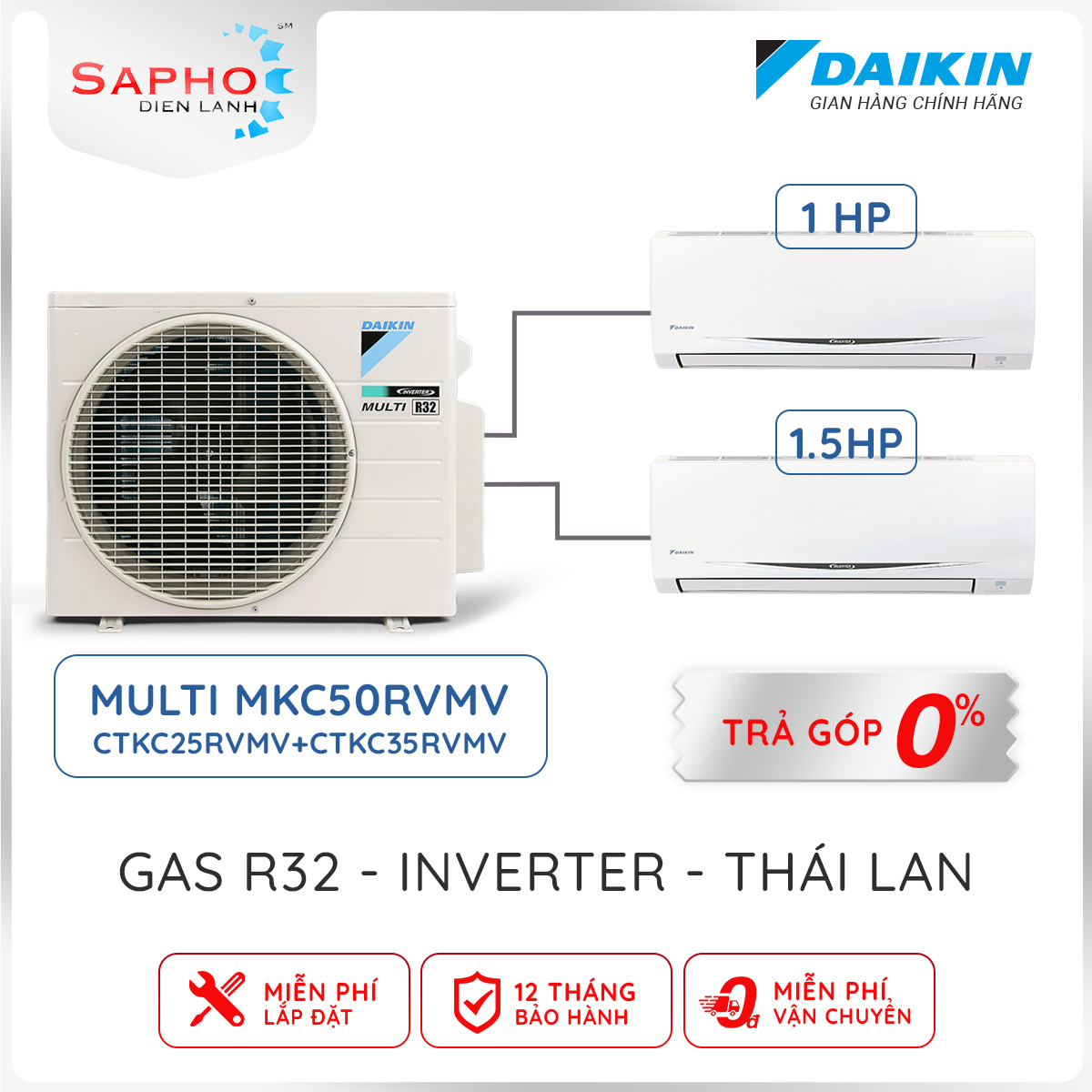 [Free Lắp HCM] Hệ Thống Máy Lạnh Multi S Daikin Inverter Combo MKC50RVMV/CTKC25RVMV+CTKC35RVMV Gas R32 Treo Tường 1 Chiều Lạnh Hàng Chính Hãng