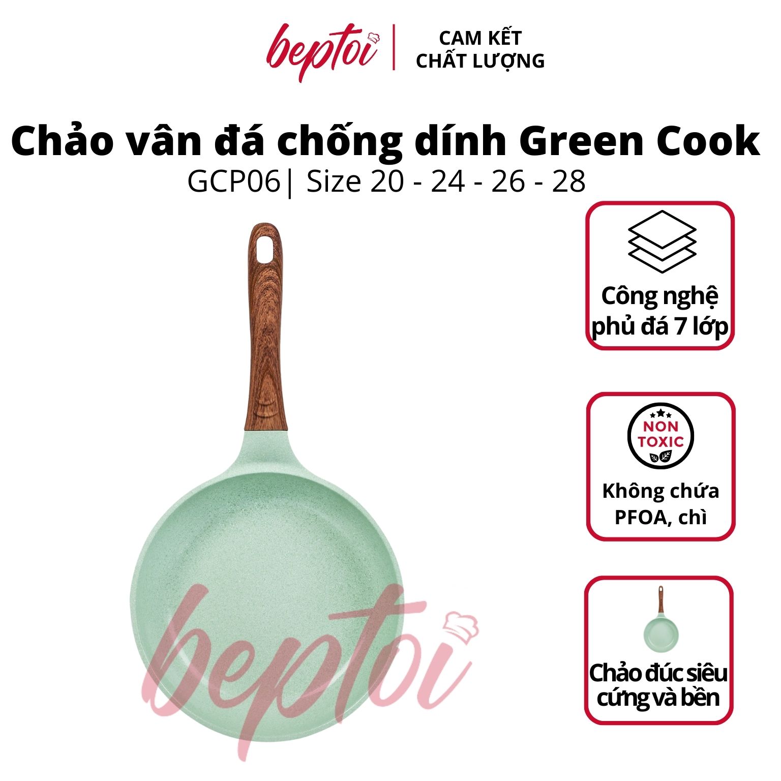 Chảo đúc đáy từ chống dính men đá ceramic xanh ngọc Green Cook GCP06 size 20-24-26-28 cm công nghệ Hàn Quốc