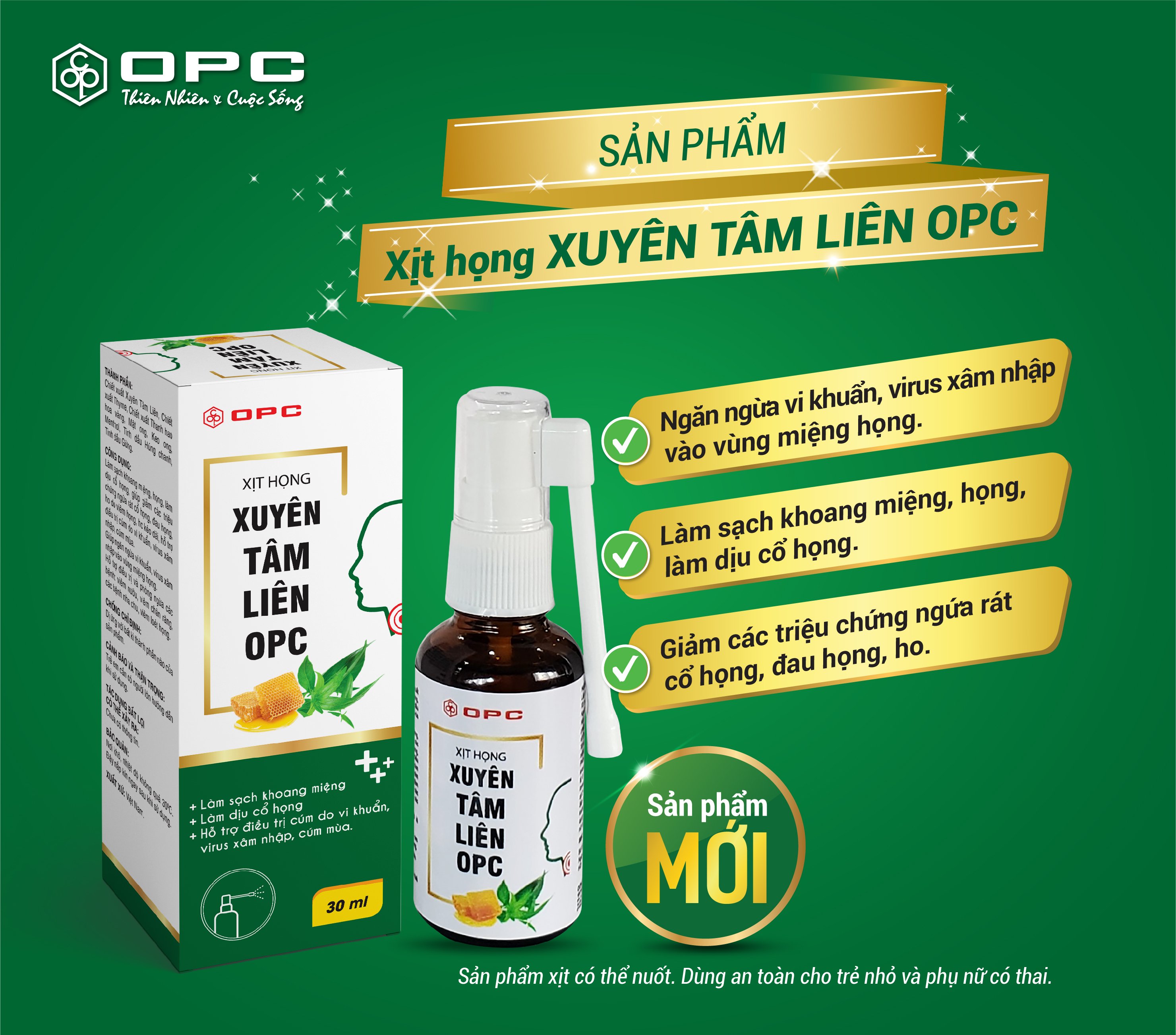 [Sản phẩm chống dịch] Xịt họng Xuyên Tâm Liên OPC (30ml) - Ngăn ngừa vi khuẩn xâm nhập, làm sạch khoang miệng và họng, làm dịu cổ họng - Hàng chính hãng OPC