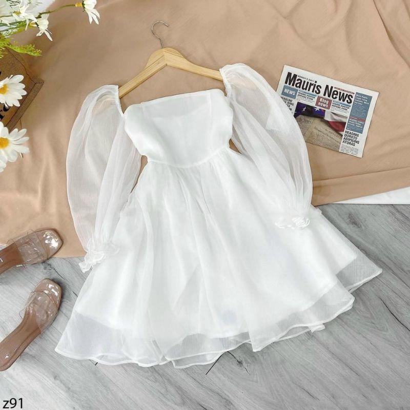Đầm trễ vai chất voan tơ ánh kim tặng kèm quần