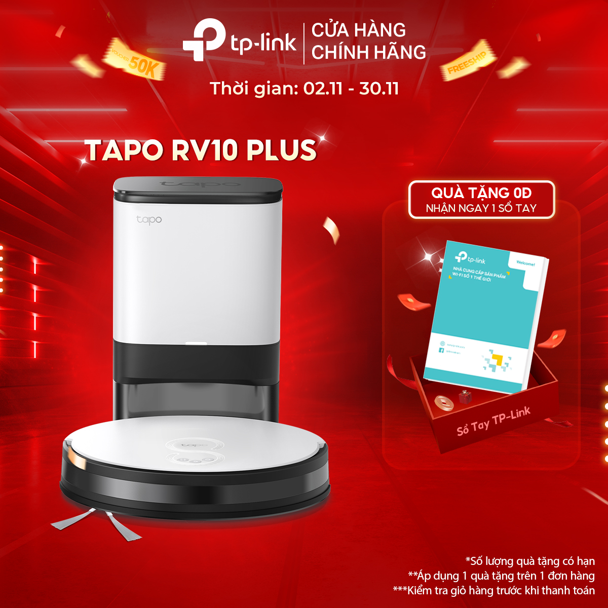 Robot Hút Bụi Và Lau Nhà + Dock Tự Động Đổ Rác Thông Minh TP-Link Tapo RV10 Plus - Hàng Chính Hãng