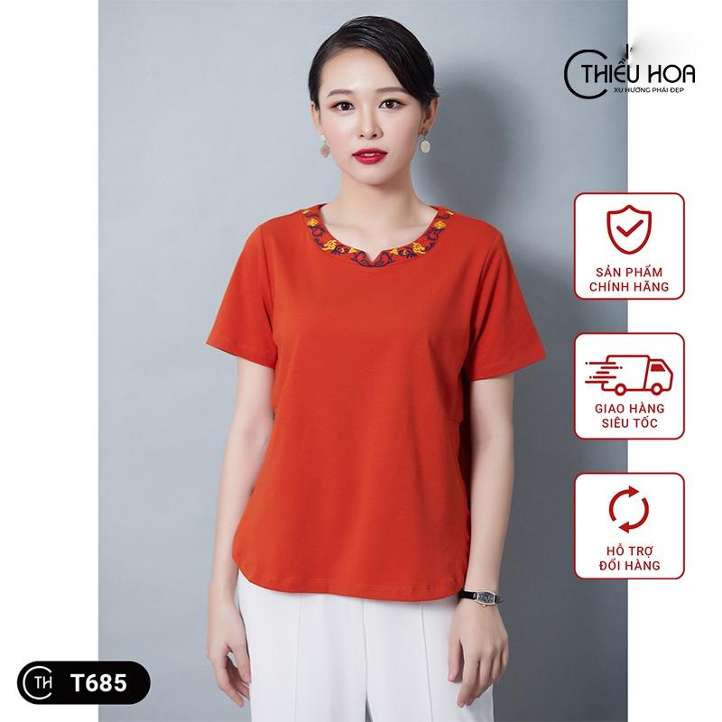 Áo Thun Trung Niên Cotton cao cấp sang trọng chất vải mềm mại thoáng mát , Áo Phông Trung Niên Nữ Đẹp THIỀU HOA T685