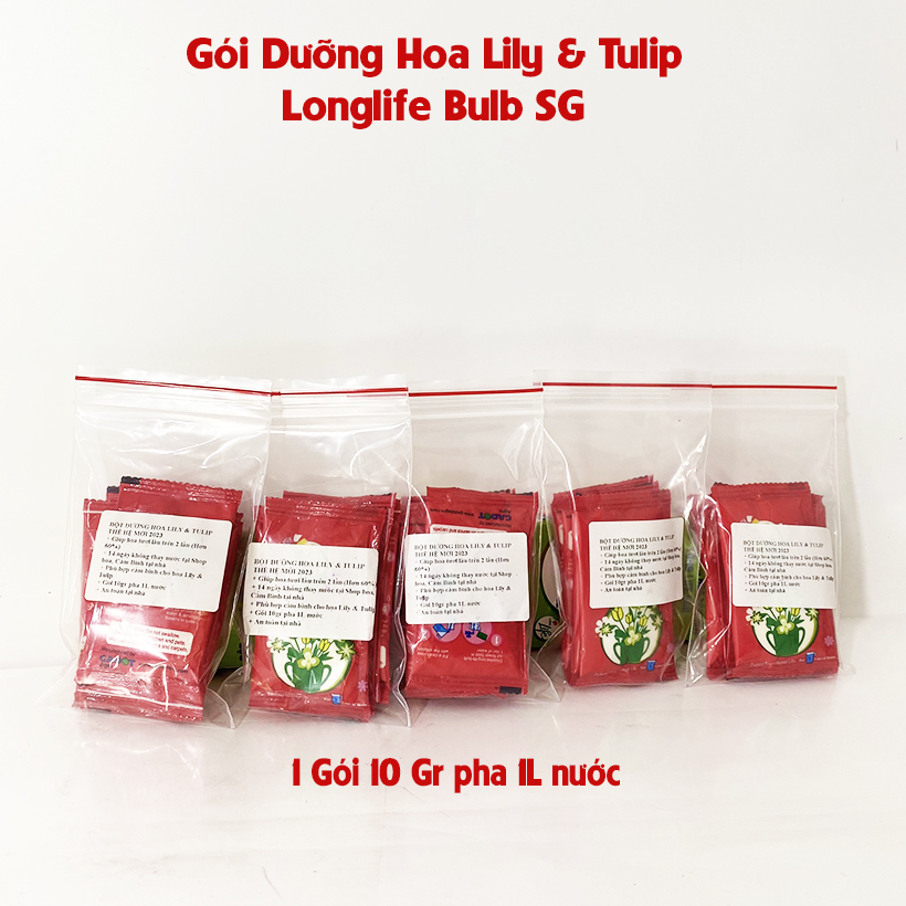 Thuốc cắm hoa Lily lâu tàn nhập khẩu Israel (1 hộp 5 gói  pha 50L nước că) hiệu Longlife Bulbs Premium 2023 giúp hoa tulip và hoa lily tươi gấp 2 lần và 14 ngày không thay nước