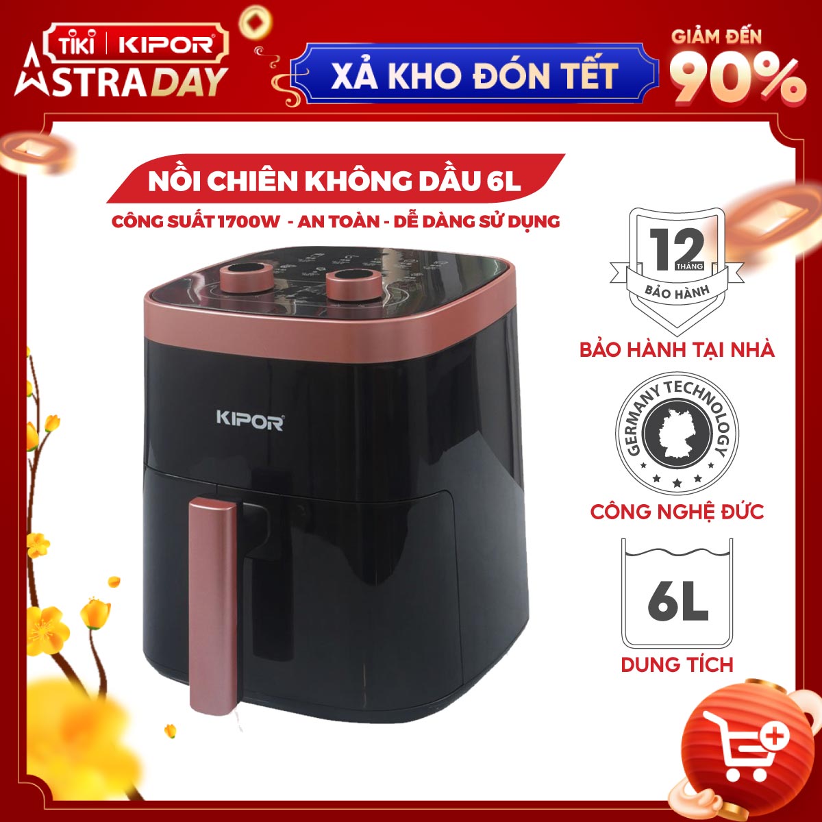 Nồi chiên không dầu KIPOR KP-AF632 - 6L - Điều khiển cơ, công nghệ đối lưu khí nóng 4D - Phủ chống dính cao cấp - Hàng chính hãng