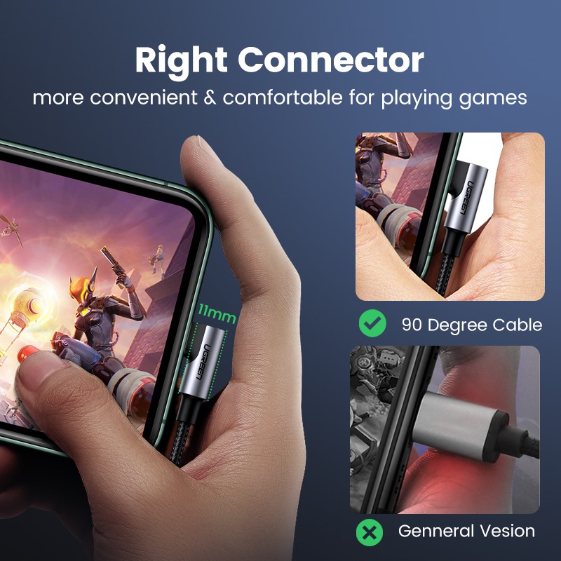 Dây cáp UGREEN bện nylon dạng góc 90 độ MFI cổng USB-C sang IP hàng chính hãng