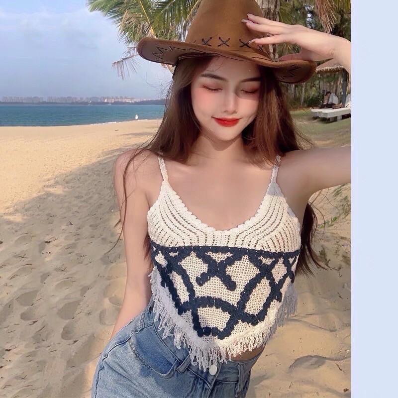 Áo 2 dây 2s len móc tua rua đi biển thêu chữ X