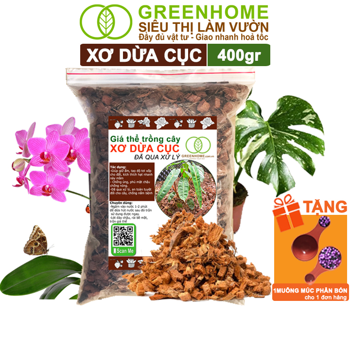 Xơ Dừa Cục Greenhome, Bao 400gr, Giá Thể Đã Qua Xử Lý, Size 1-2cm, Viên Đều Đẹp, Sạch Khuẩn, Trồng Kiểng Lá, Lan