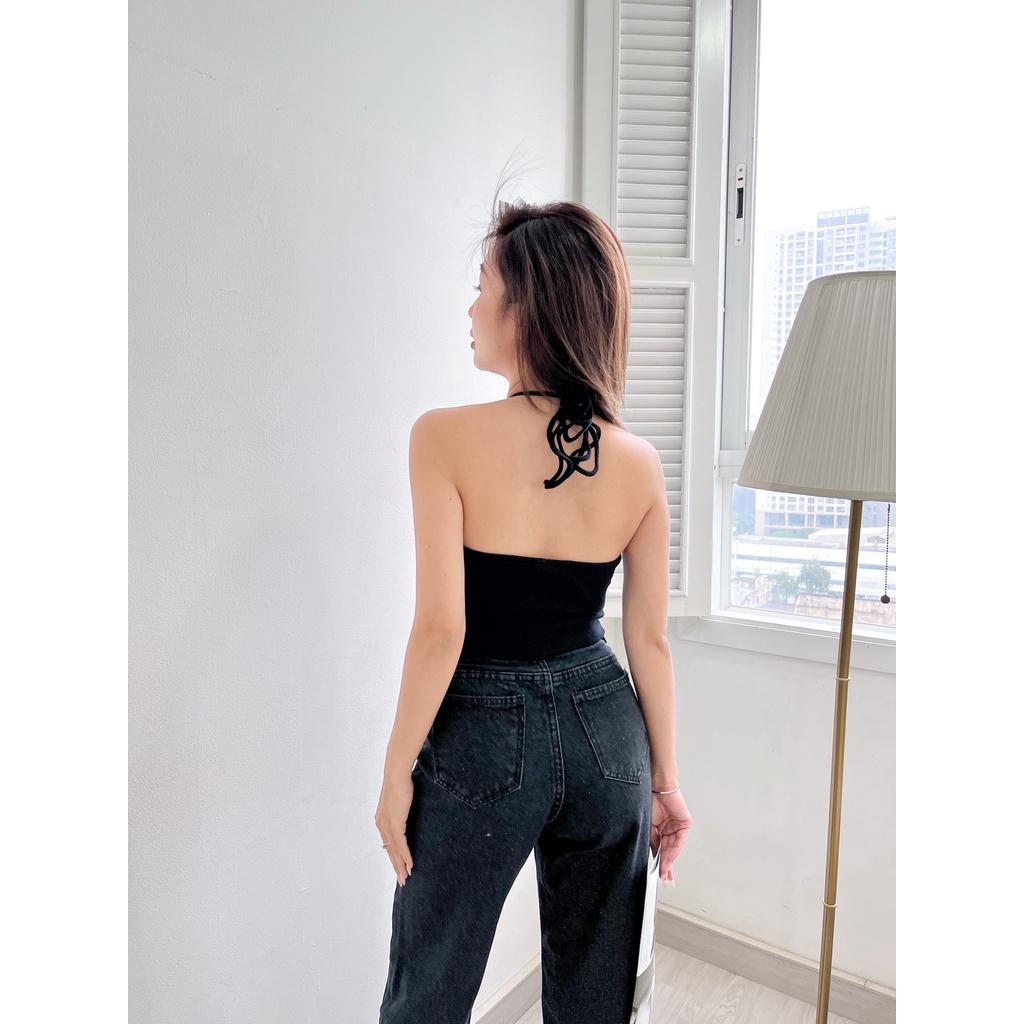 Áo croptop cổ yếm cột dây khoét ngực sexy chất thun gân co giãn 4 chiều La Boutique