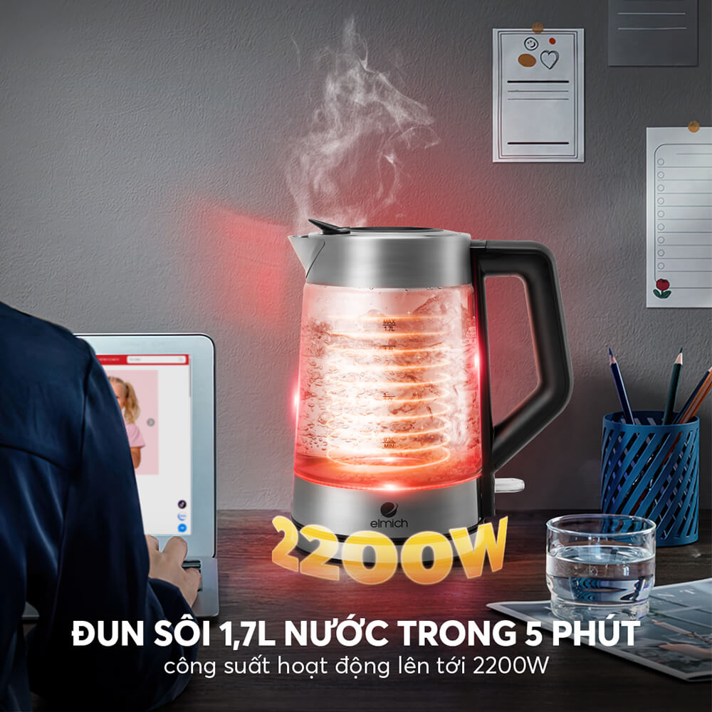 Ấm Đun Nước Siêu Tốc Thuỷ Tinh Elmich KEE-8458 1.7L 2200W, Hàng Chính Hãng, Đèn Led Cảm Biến-JoyMall
