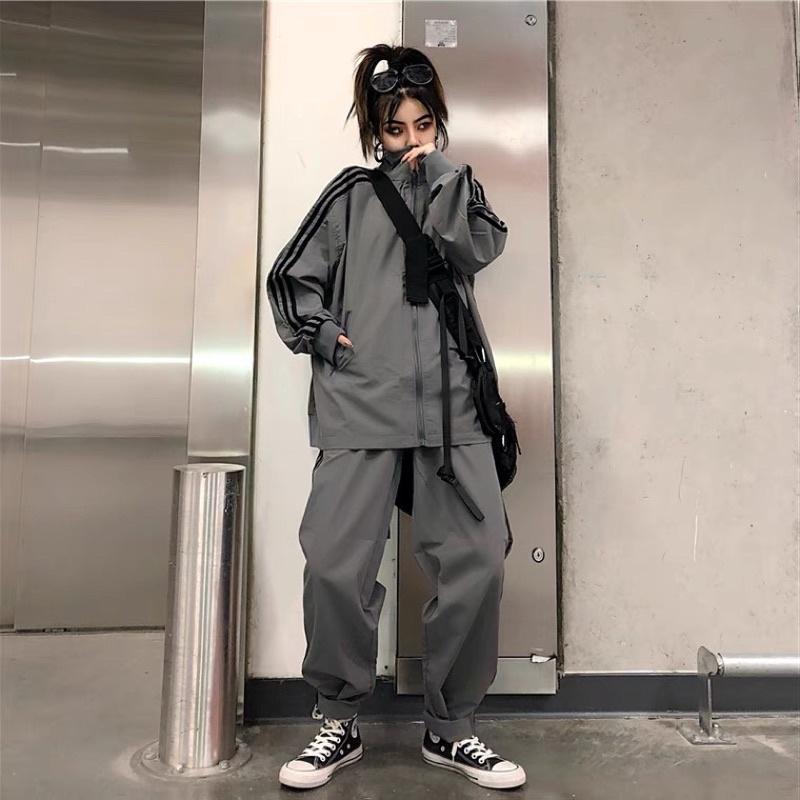 {Hottrend} Bộ Quần Áo Thể Thao 3 Sọc Dáng Rộng Phong Cách Hip Hop Hàn Quốc Thời Trang Thu Đông Cá Tính