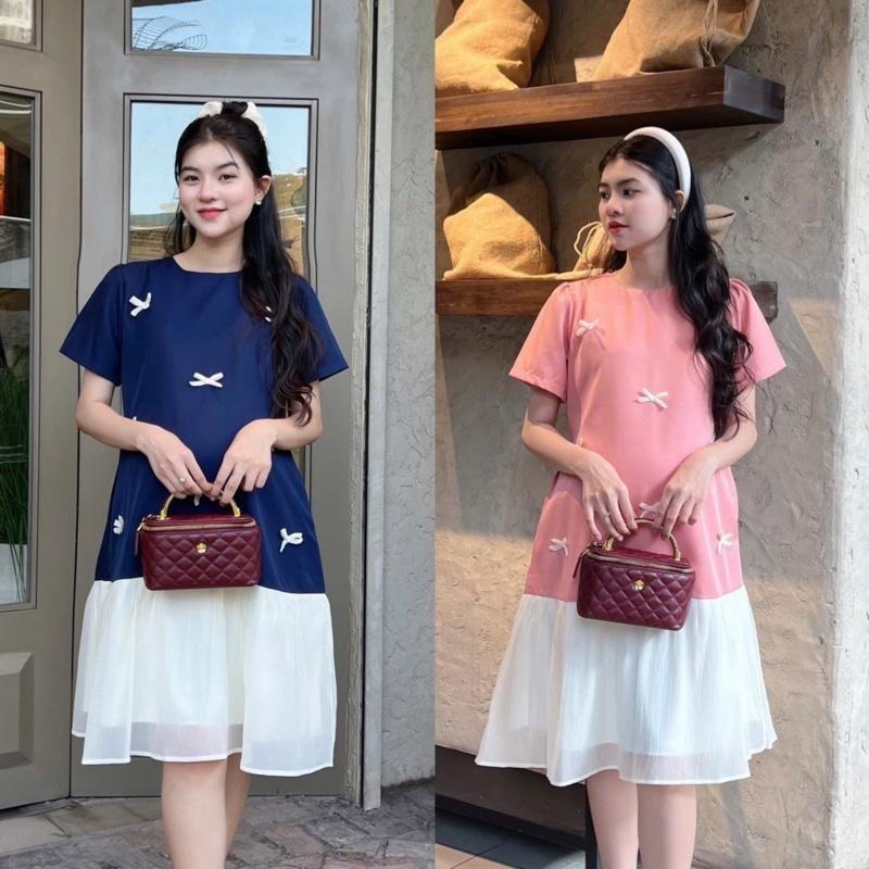 Đầm bầu đuôi cá đính nơ phối chân voan tơ sang chảnh chất cotton lạnh mát mẻ - Xanh đen