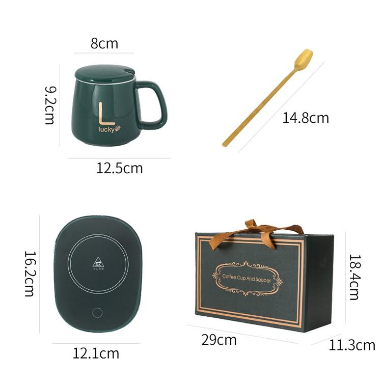 Cốc Hâm Nóng đồ uống kèm đế điện, Bộ ly sứ kèm đế điện hâm nóng trà, cafe, hâm sữa + Tặng kèm thìa vàng, hộp sang trọng