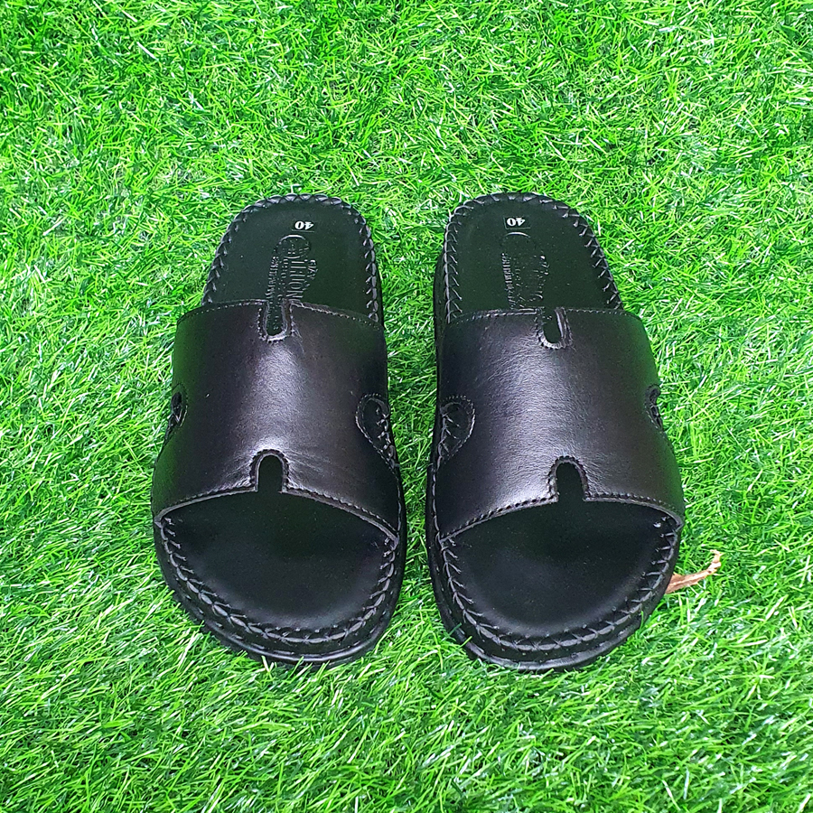 Dép nam đế cao 3cm bản ngang chữ H da bò trường Hải màu đen D146