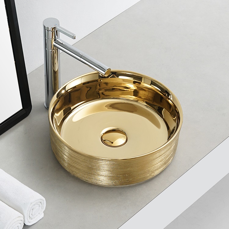Chậu sứ lavabo để bàn kiểu tròn màu vàng óng phong cách hoàng gia