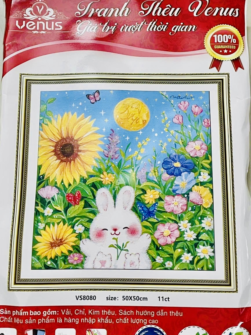 Tranh thêu kín Thỏ dễ thương vs8080, kích thước 50 x 50  cm